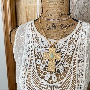Oversized Bohemian Gold Cross With Turquoise Stone Necklace